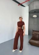 Osy Modal Yumuşak Dokulu Kumaş Kısa Kollu Crop Rahat Pantalon Ikili Takım - Kahverengi resmi